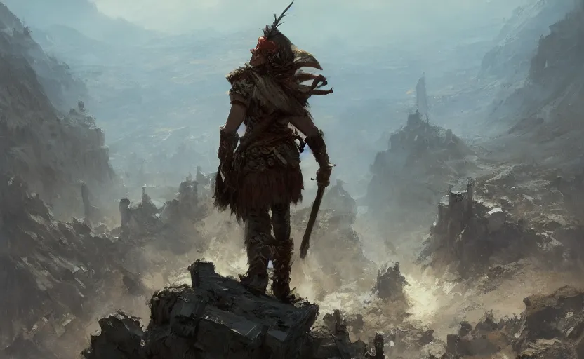 Image similar to a chieftain on top of a rampart haranguing an army, cinematic concept art by craig mullins and ruan jia and raphael lacoste, trending on artstation