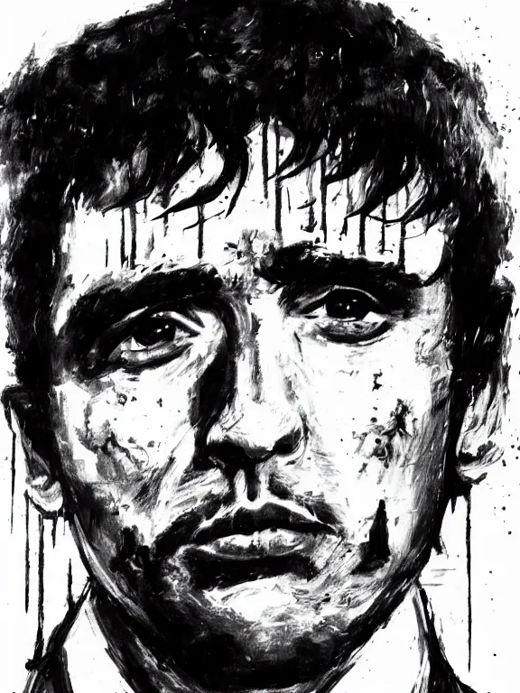 Image similar to headshot portrait. tony montana from movie scarface. perfect face, fine details., 4 k, red and black ink paint