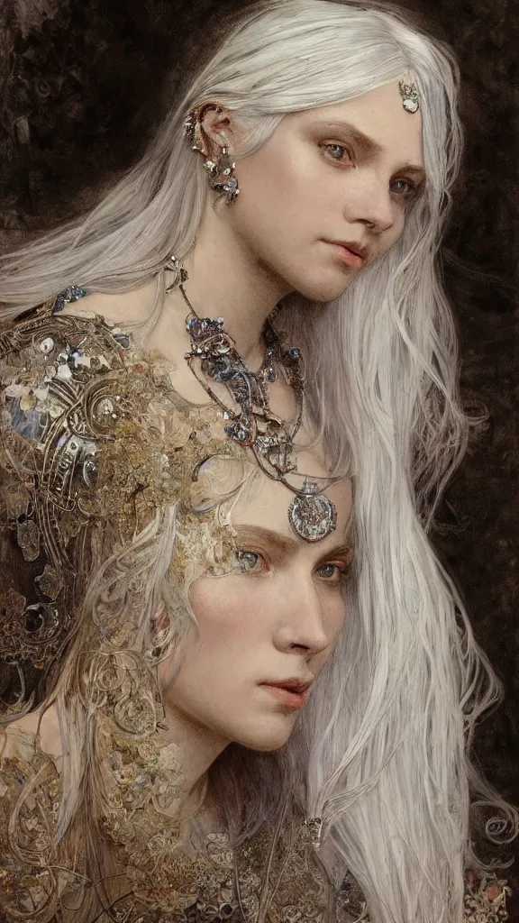 Prompt: a highly detailed beautiful white haired woman, adorned with precious stones, pen and ink, intricate line drawings by jeremy mann and alphonse mucha, 8 k resolution, trending on artstation, very very detailed, masterpiece, stunning,