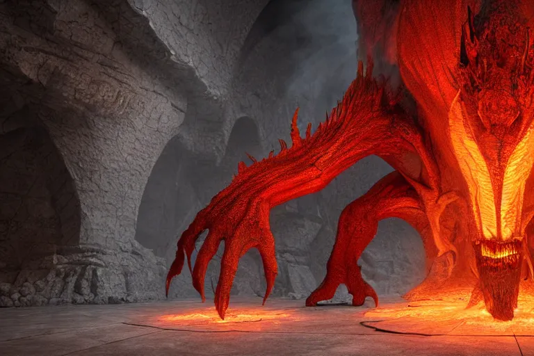 Image similar to realistic fiery balrog at the bottom of a huge long corridor in the mines of moria, 3 d octane render, photorealistic, style of h. r. giger