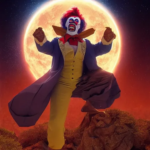 Image similar to the image of clownvis presley with outstretched arms between the moon and the sun and a thousand stars ultra realistic, concept art, intricate details, serious, highly detailed, photorealistic, octane render, 8 k, unreal engine, art by todd mcfarlane and artgerm and greg rutkowski and alphonse mucha