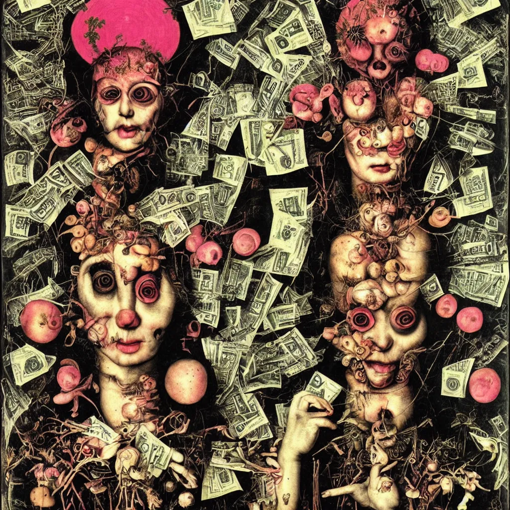 Image similar to post - punk new age album cover, asymmetrical design, dollar bank notes, capitalism, magic, apocalypse, psychedelic, black white pink, magic, giger h. r., giuseppe arcimboldo