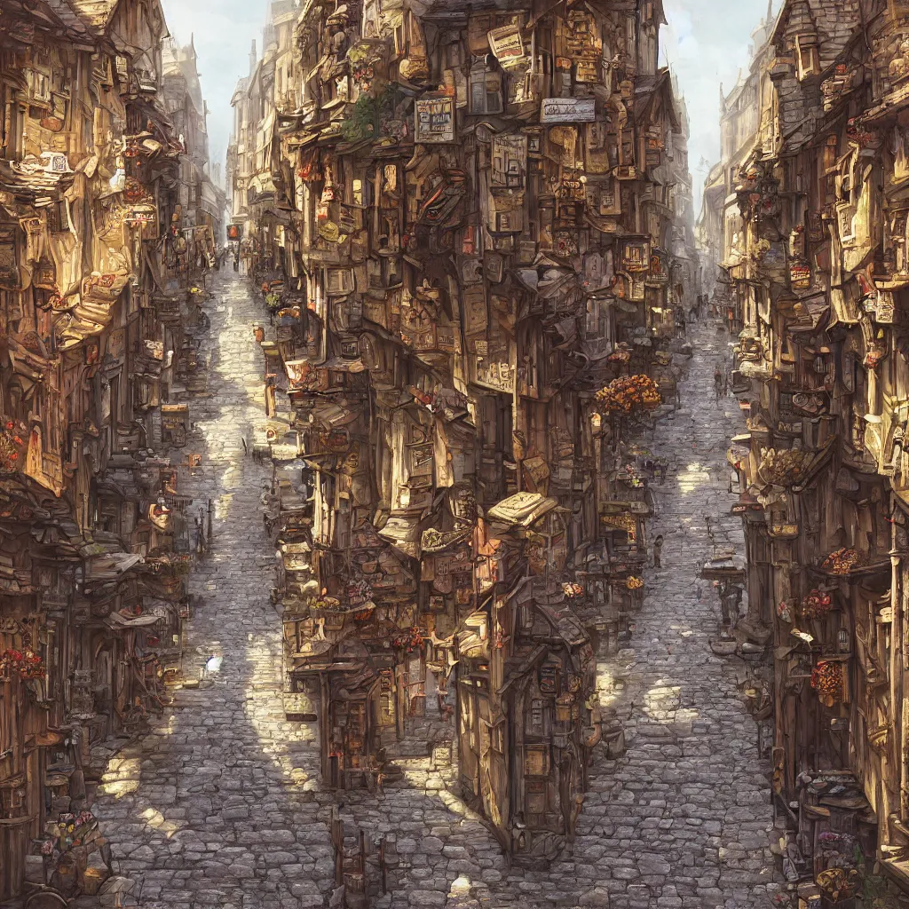 Image similar to a busy fantasy street looking down one street within a fascinating old city, quirky shops, narrow streets, old buildings, cobblestones on the ground, stone steps, street life, by Sylvain Sarrailh, single street, cinematic, simple but effective composition, clean lines, beautiful digital painting, oil painting, detailed, dungeons and dragons, lord of the rings