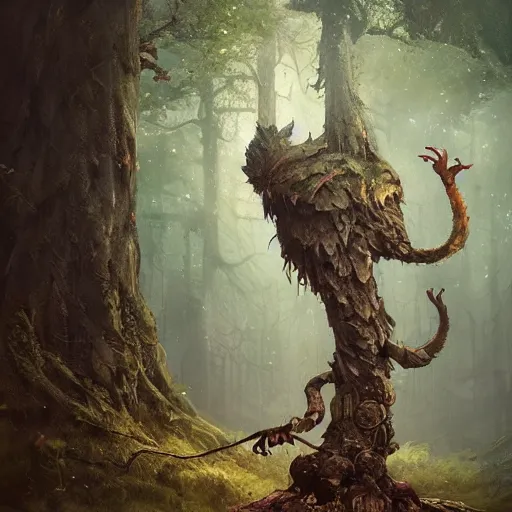 Prompt: a living ent with legs and a tail, in the shape of a rat, in a corrupted forest, by greg rutkowski, trending on art station, highly detailed, magic the gathering, matte painting