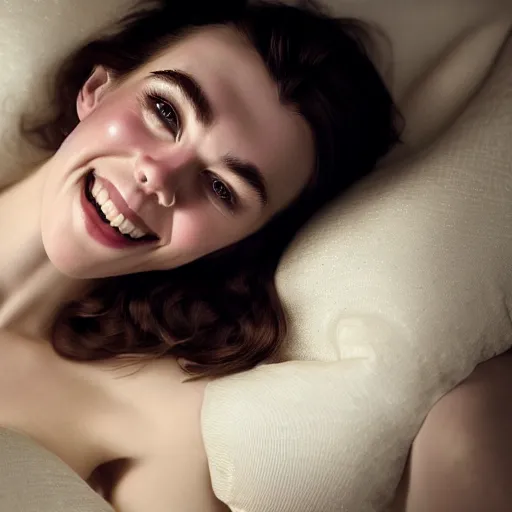 Image similar to stunning photo of dark - haired goddess vanessa kirby smiling, laying back on a pillow, with white tears all over her face, a beautiful closeup, wet lips, perfect eyes, insanely detailed, elegant, by mucha, wlop, rutkowski, livia prima