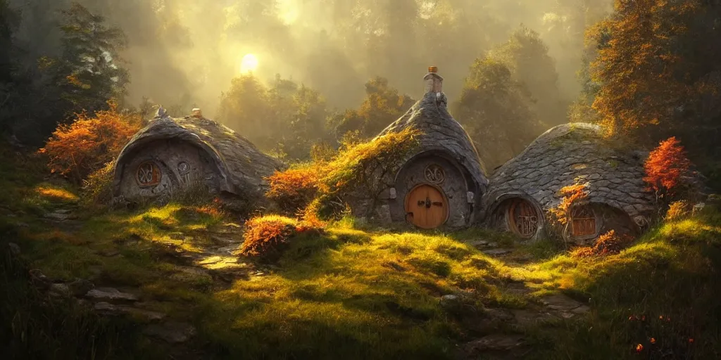 Image similar to a hobbit cottage on top of a steep hill, greg rutkowski, zabrocki, moebius, karlkka, jayison devadas, highly detailed, autumn sunlights, smoky atmosphere, ( ray of sunlight ), trending on artstation, 8 k, ultra wide angle, zenith view, pincushion lens effect