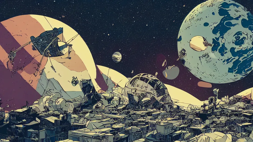 Prompt: very detailed, prophet graphic novel, ilya kuvshinov, mcbess, rutkowski, simon roy, illustration of space junk floating in space around a dystopian dead planet earth, wide shot, colorful, deep shadows, astrophotography