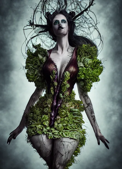 Image similar to expressive full body photo of demoness, dress made of cabbages, glamour shot, by karol bak, stefan gesell, photorealistic, nikon d 4 x, fashion photography, hyper maximalist, elegant, ornate, luxury, elite, environmental portrait, symmetrical features, octane render, unreal engine, solid dark grey background, dramatic lights