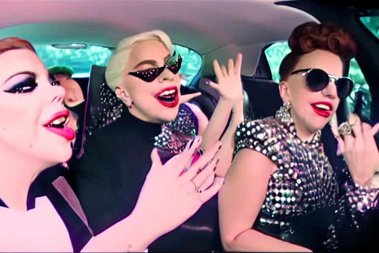 Image similar to lady gaga and judy garland doing carpool karaoke, lady gaga and judy garland, carpool karaoke, lady gaga, judy garland, carpool karaoke, youtube video screenshot, the late late show with james corden