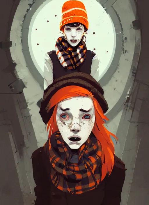 Image similar to highly detailed portrait of a sewer punk lady student, freckles, beanie, tartan scarf, ginger hair by atey ghailan, by greg rutkowski, by greg tocchini, by james gilleard, by joe fenton, by kaethe butcher, gradient, orange, black, brown and cream color scheme, grunge aesthetic!!! white graffiti tag wall background