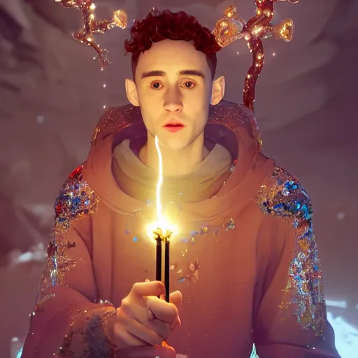 Prompt: Olly Alexander wearing a fine wizards tunic embroidered with crystals, holding a small glowing red magical wand with electrical bolts emitting from it. In a cave made of ice. Trending on Artstation, octane render, ultra detailed, art by Ross tran