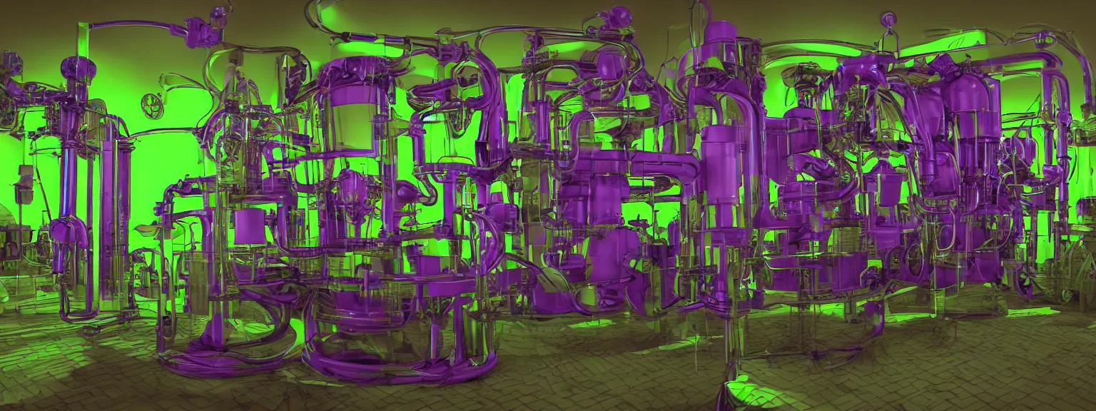 Image similar to a machine for making snake oil, purple and green, highly technical, art by glenn fabry and ed roth, 3 d rendering by beeple, fine detail, 8 k, snake machine