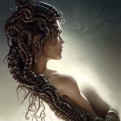 Prompt: “Super model Medusa kissing hephaestus, dark, intricate, fantasy, intricate, elegant, highly detailed, digital painting, artstation, concept art, matte, sharp focus ,highly detailed, smooth, artstation, digital illustration by Ruan Jia and Mandy Jurgens and Artgerm and Wayne Barlowe and Greg Rutkowski and Frank Frazetta”