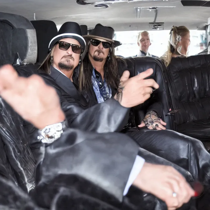 Prompt: highly detailed photograph of kid rock wearing a dress while driving in a limo with putin, movie still, 8 k,