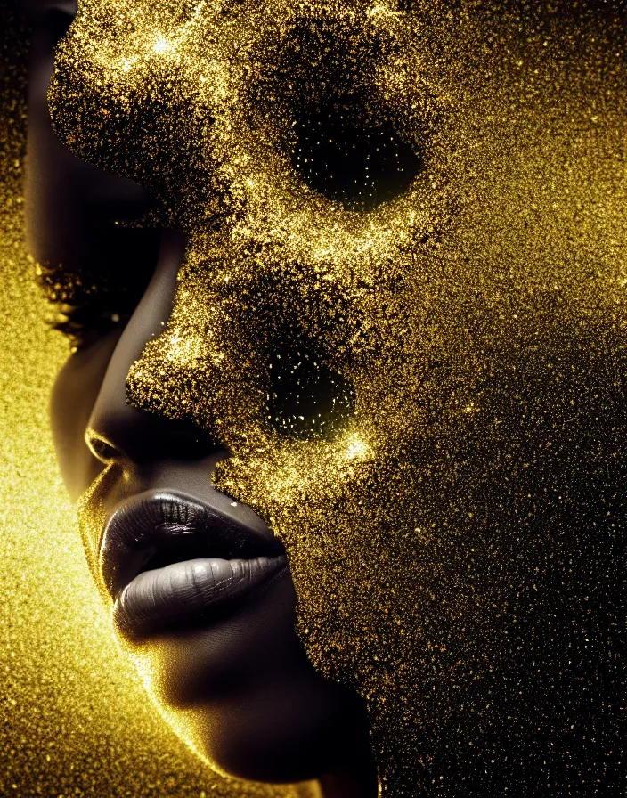 Prompt: abstract head shot intricate portrait of beautiful supermodel females silhouette sleeping in black glossy acrylic paint and crystals, intricate, elegant, abstract art, surrounded by golden glitter, ferrofluids and energy glow, golden particles flying in the air. matte painting. epic lens flare. octane render, by beeple, wlop, tooth wu, greg rutkowski,