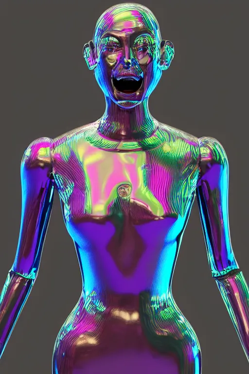 Image similar to 3d render of holographic angry human robotic screaming angry bust made of glossy iridescent, screaming, bust, surrealistic 3d illustration of a human non-binary, non binary model, 3d model human, cryengine, made of holographic texture, holographic material, holographic rainbow, concept of cyborg and artificial intelligence