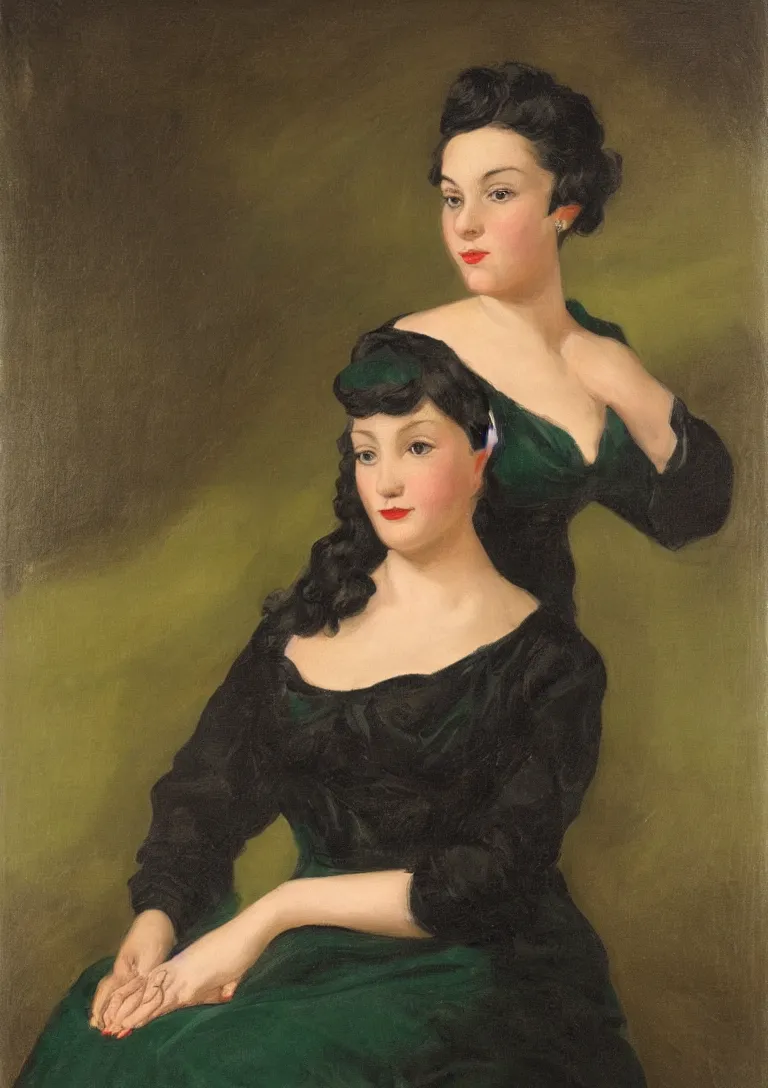 Prompt: a portrait of a young woman from the fifties, seated in front of a landscape background, her black hair is a long curly, she wears a dark green dress pleated in the front with yellow sleeves, puts her right hand on her left hand, a detailed neoclassicism painting