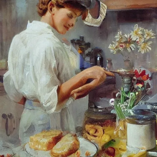 Image similar to young blonde wife making breakfast for her husband, painting by Vladimir Volegov,