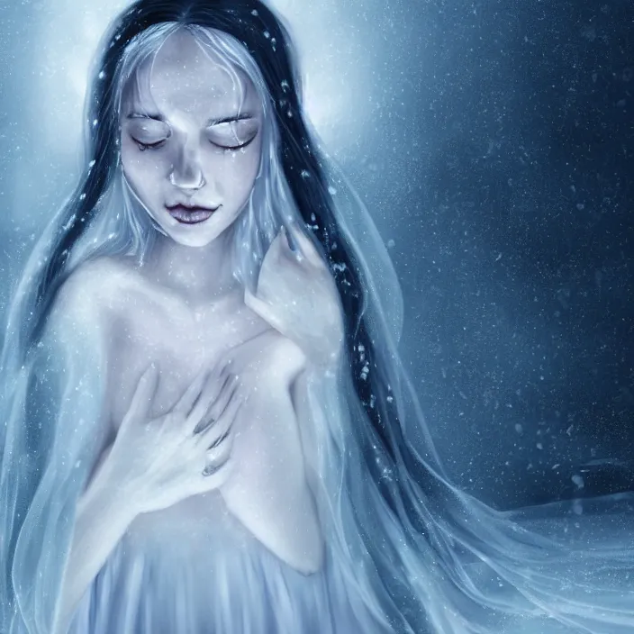 Prompt: full body portrait of a woman dying of hypothermia, with very white skin and pale blue hair wearing a long white dress made out of snowflake in the middle of a heavy snowstorm. sickly looking. digital art by maromi sagi