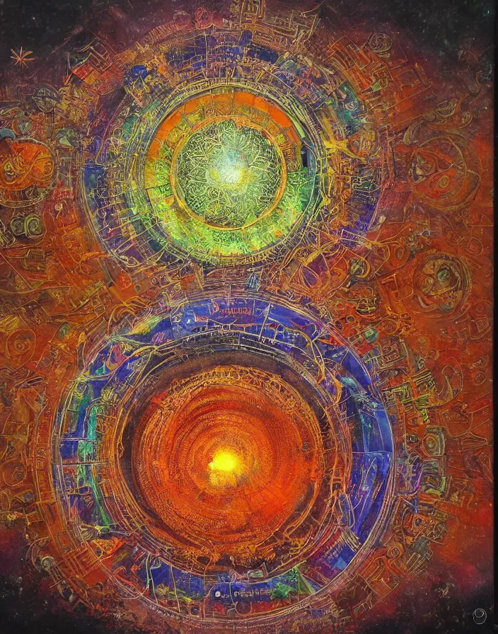 Prompt: CERN Hindu temple planetary alignment ritual, lsd visuals, detailed and highly reliefed analogue mixed media collage with canvas texture in style of conteporary art, photorealistic, expressionism, masterpiece, perfect composition, hyperrealistic beautiful face, spectacular quality, intricate oil pastel glow, dynamic lighting, photorealistic, fantasy concept art, ambient lighting, atmospheric, stunning visuals, creative, cinematic, ultra detailed, trending on art station