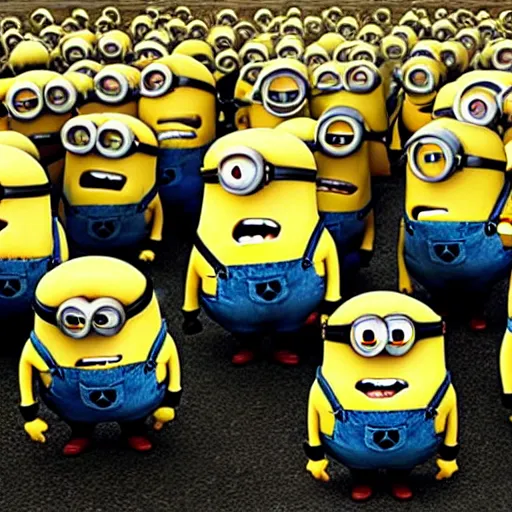 Image similar to haunted minions from minions, scary scene