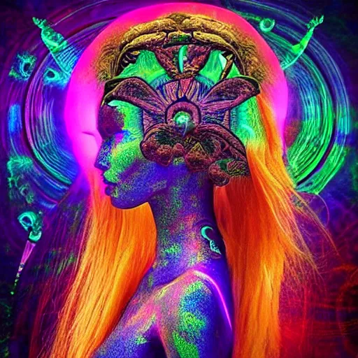 Prompt: “photo of a beautiful extraterrestrial woman goddess, psychedelic, dmt, lsd, epiphany, fractals, alien forms, organic, acidic, acid, 8k”