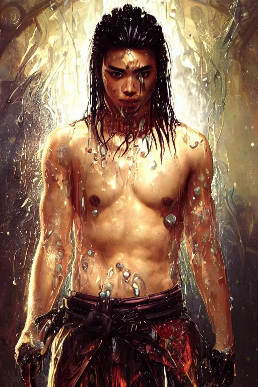 Prompt: portrait of a young handsome cyberpunk samurai man wearing a warrior armor, drenched body, wet dripping hair, emerging from the water, fantasy, regal, fractal crystal, fractal gems, by stanley artgerm lau, greg rutkowski, thomas kindkade, alphonse mucha, loish, norman rockwell.