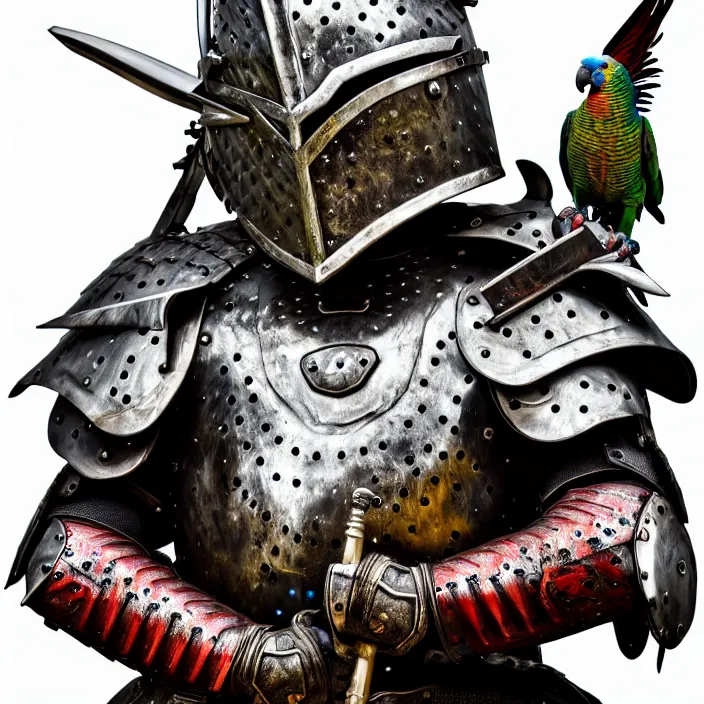 Prompt: photo of a warrior with metal parrot themed armour, highly detailed, 4 k, hdr, smooth, sharp focus, high resolution, award - winning photo