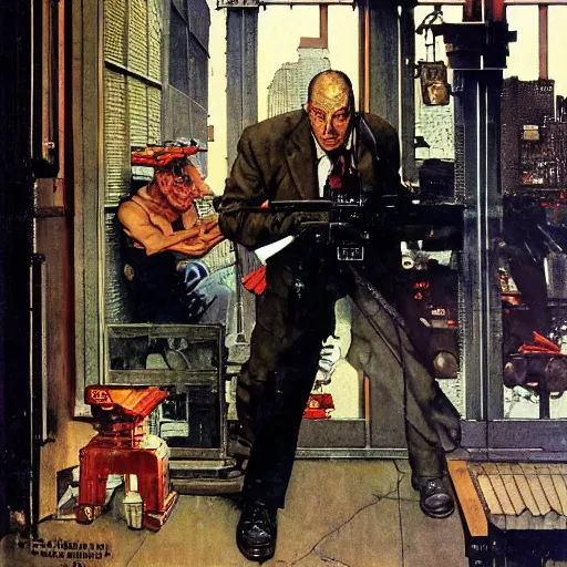 Image similar to A science fiction spy sneaks into a city, by Norman Rockwell.