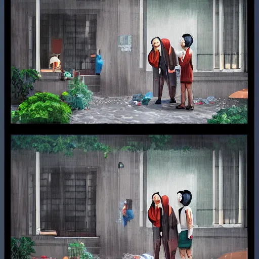 Prompt: One rainy day, a burly asian detective and a young asian male scientist were talking in front of a villa seriously. digital art,trending on artstation.