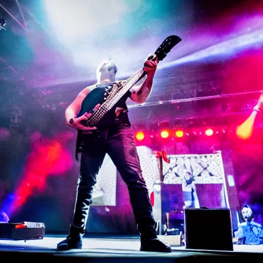 Prompt: metal viktor orban with a flying v guitar, concert photography