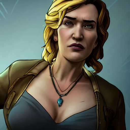 Image similar to kate winslet portrait, borderlands, tales from the borderlands, the wolf among us, comic, cinematic lighting, studio quality, 8 k