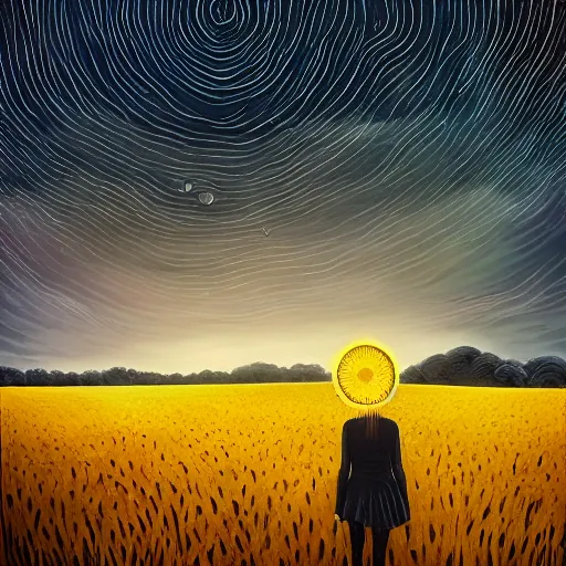 Prompt: giant black sunflower face, girl walking in wheat field, hills, surreal photography, dark night, star trails, dramatic light, impressionist painting, clouds, digital painting, artstation, simon stalenhag