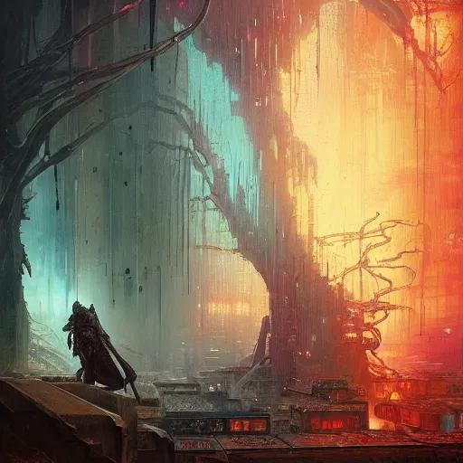 Image similar to an enigmatic and terrifying painting of a cyberpunk portrait by marc simonetti, greg rutkowski, ferdinand knab, colour, hyper detail, 8 k, one giant oak, universe, nebula, burst of colour, imaginary, roots, concept art, out of this world, depth, incredible depth