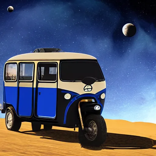 Image similar to a dark blue bajaj tuk tuk traveling on the surface of the moon, moon craters, night sky, milky way, hard lighting, matte painting, concept art, 4k