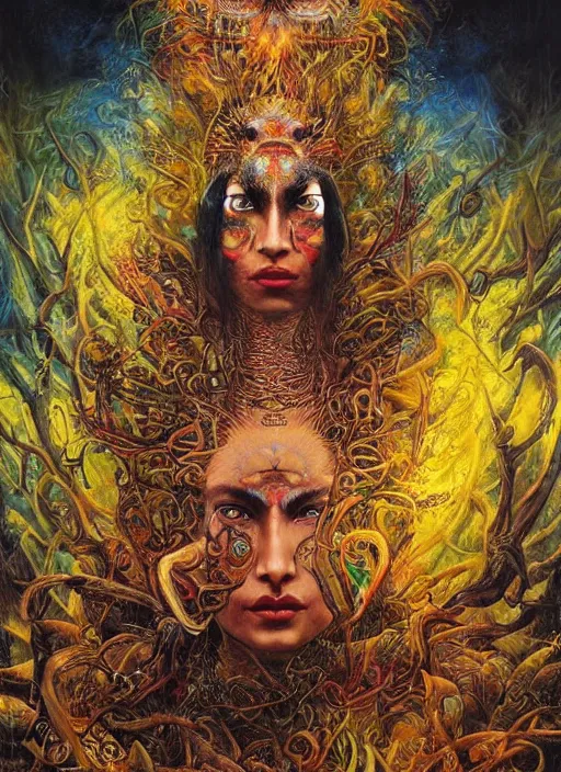 Image similar to ayahuasca ritual with shamans, painted face, third eye, energetic consciousness psychedelic, dmt, epic surrealism expressionism symbolism, perfect, by karol bak, louise dalh - wolfe, pablo amaringo, masterpiece