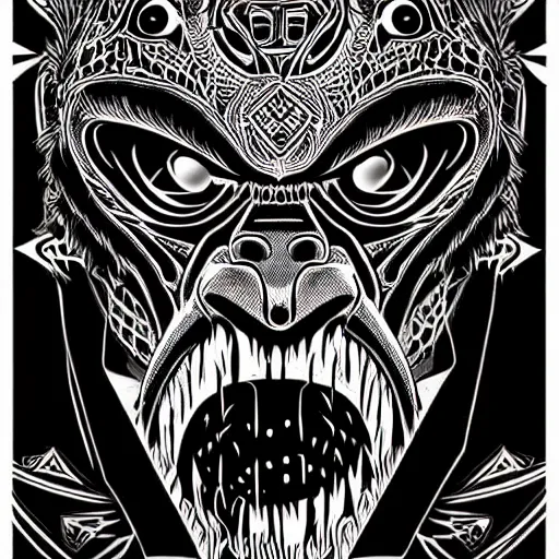 Image similar to barong family member, wiwek, mara demon, one single tribe member, jungle, one single mask, dark, ancient warrior, gorilla, lizard, tribal, black and white, red eyes, art by dan mumford