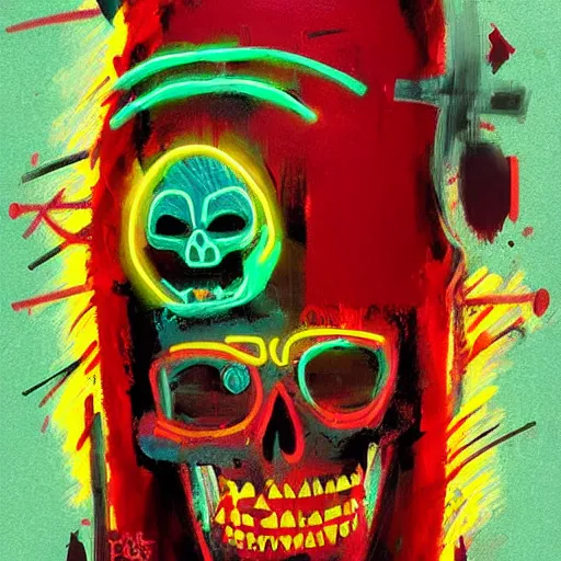 Prompt: of a neon skeleton with tiki mask and viking helmet and red fiery eyes inspired by basquiat, art by greg rutkowski