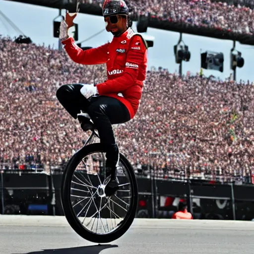 Prompt: Lewis Hamilton riding a unicycle, photo realistic