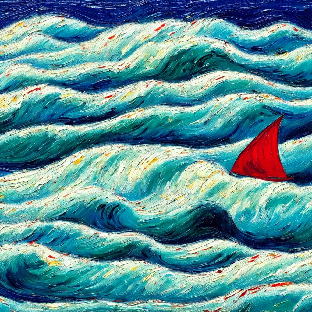 Prompt: Giant threatening beautiful Rolling waves, with a distant, red sailed yacht in the style of Jackson Pollack and painted in a style of painting similar to Van Gogh but more impasto and less hatching