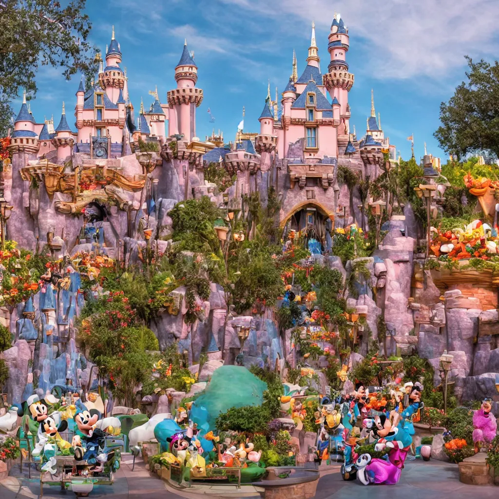 Prompt: a dreamy photo of Disneyland made of food