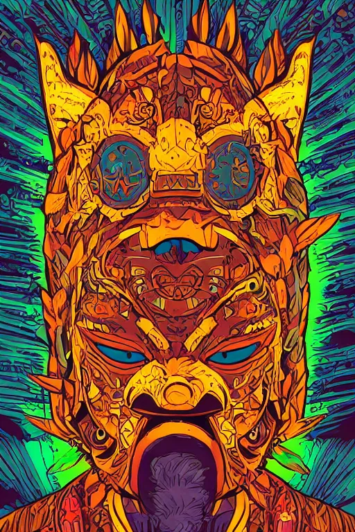 Image similar to animal mask totem roots flower tribal feather gemstone plant wood rock shaman vodoo video game vector cutout illustration vivid multicolor borderlands comics by josan gonzales and dan mumford radiating a glowing aura