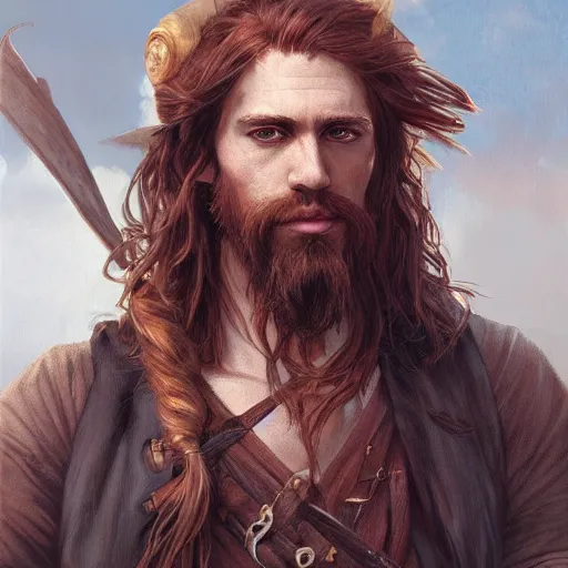 Image similar to portrait of a young rugged pirate, male, masculine, upper body, red hair, long hair, soft hair, D&D, fantasy, intricate, elegant, highly detailed, digital painting, artstation, concept art, matte, sharp focus, illustration, art by Artgerm and Greg Rutkowski and Alphonse Mucha