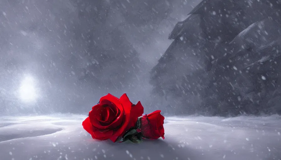 Prompt: red rose in the snow, sunlight, volumetric light, hyperdetailed, artstation, cgsociety, 8 k