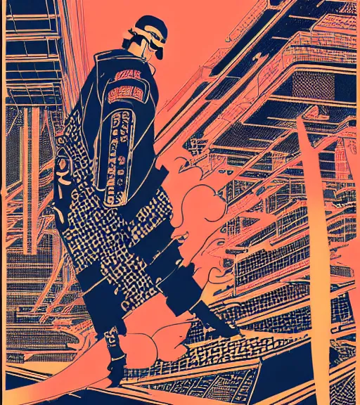 Image similar to futuristic japanese cyberpunk bladerunner silk screen by utagawa yoshiiku, ohara koson, pixiv contest winner, cyberpunk style, cyberpunk color scheme, mechanical, robotic, human machine interface, high resolution, hd