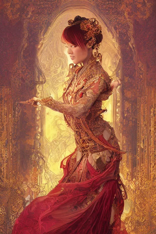 Prompt: tarot card artstation, portrait of an asian love dancer, sunrise, baroque ornamnet and rococo ornament, ancient chinese ornate, hyperdetailed, beautiful lighting, craig mullins, mucha, klimt, yoshitaka amano, red and gold and orange color palatte