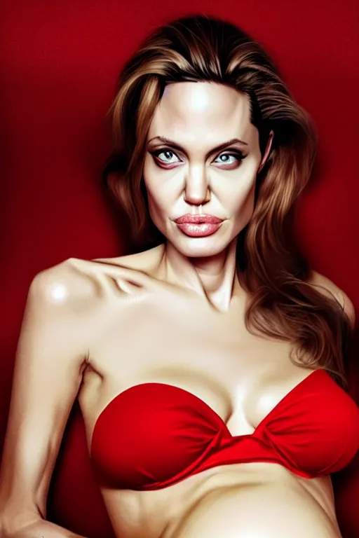 Image similar to pregnant angelina jolie in a red bikini, realistic portrait, symmetrical, highly detailed, smooth, sharp focus, hdr 4 k film screenshot