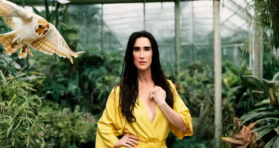 Prompt: Large format Portrait of Jennifer Connelly wearing a yellow kimono in a tropical greenhouse with a very detailed barn owl on her shoulder, medium format camera, 85mm f1.8, bokeh, sharp focus, detailed, centered, editiorial photoshoot, dreamy, elegant
