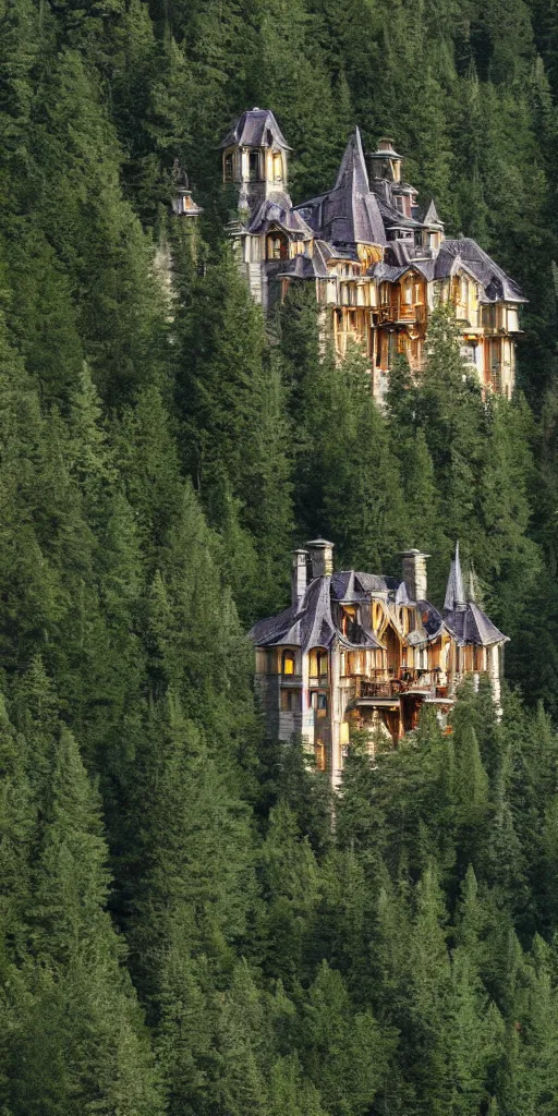 Prompt: A fantasy Palace towering high above the trees in a deep valley surrounded by mountains, 4k