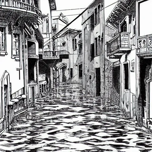 Image similar to water flowing through the streets in an old city, drawing by moebius